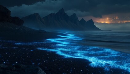Bioluminescent beach at night, dark mountains, dramatic sky. Stock photo for nature, travel, and tourism