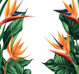 Vibrant bird of paradise flowers and tropical leaves frame a white background