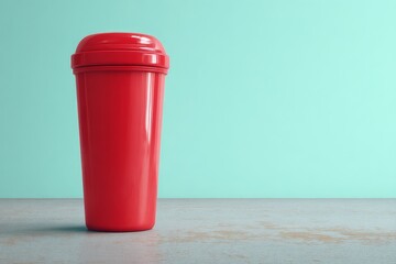 Obraz premium Red plastic sports bottle against a mint green backdrop.