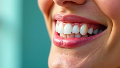 Close-up of gleaming white teeth after using a breath whitening product , mouthwash, floss, breath freshener
