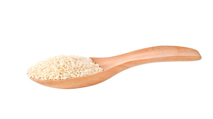 White sesame seeds in wood spoon on transparent png