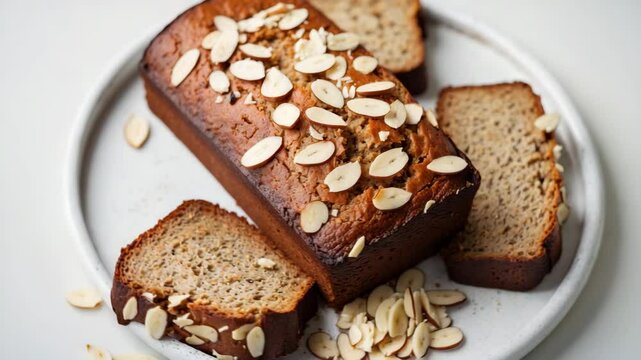 Banana bread is a type of bread made from mashed bananas, often moist and sweet, resembling a cake-like quick bread. Selective focus. Aerial view.