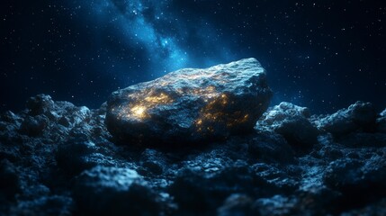 Obraz premium Glowing stone amidst rocky terrain under a starlit sky