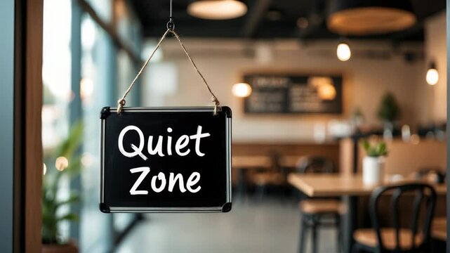 Coworking space with a small black chalkboard displaying Quiet Zone in handwritten text, denoting an area that requires quietness or privacy.