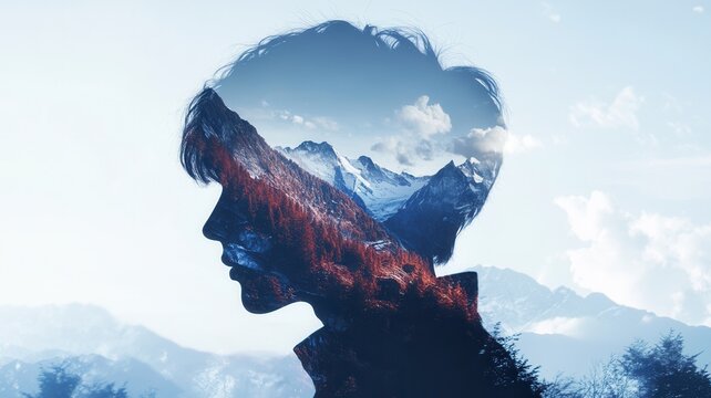 Double exposure image of man containing silhouette profile mountain landscape with trees, snow and clouds