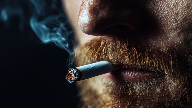 A thoughtful close-up of a man smoking a cigarette while emanating a sense of intensity and introspection, capturing the often-overlooked moments of life.