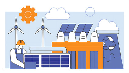 sustainable factory concept character working in sustainable energy production industry using green energy technology to reduce co2 emissions and  its impact on the climate vector illustrat 60309078 1