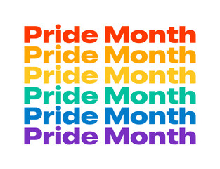Pride Month Typography Illustration Vector. Repeated Pride Month Text with LGBTQ Pride Flag Colours. Pride Month Text Graphic with Rainbow Colours.