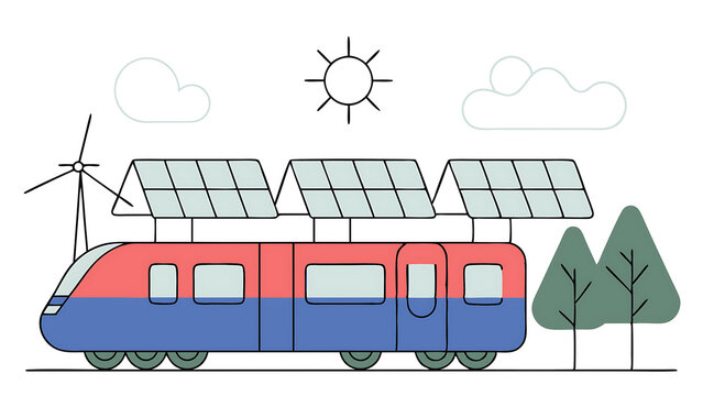 sustainable transportation concept trian passing through fields with solar panels and wind turbines rail transport sustainability vector illustration 50334120 1