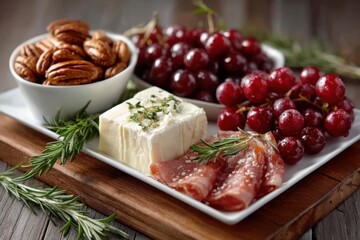 Gourmet platter featuring grapes, cheese, cured meat, and nuts arranged on a rustic wooden board