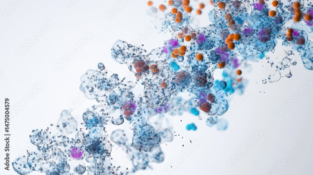 Poster dynamic fluid particles interaction abstract space graphic visualization digital environment close-u