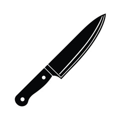 A clean black and white illustration of a chef's knife isolated on a pristine white background