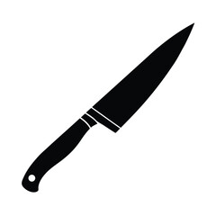 Sleek black chef knife silhouette on white background representing culinary arts food preparation and cooking skills