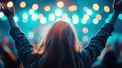 A lively scene of a cheering crowd at a concert, with excited hands raised under an energetic display of colorful lights, capturing the joy and freedom of live music experiences.