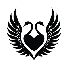Elegant black and white illustration of two swans forming a heart shape with spreading wings on white background