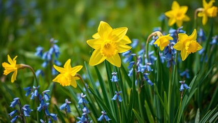 Obraz premium Vibrant yellow daffodils bloom brightly amidst a cluster of delicate blue scilla flowers in a lush green sp meadow.