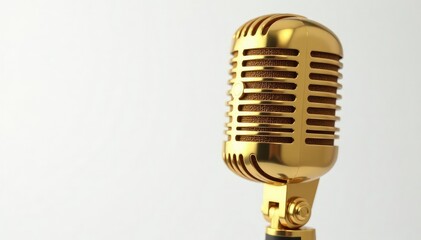 Fototapeta premium Close-up shot of a single gold microphone on white , detail, vintage, gleaming