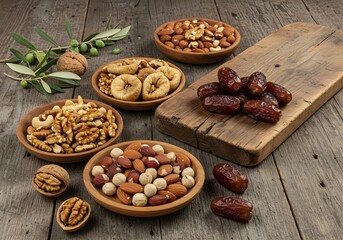 Assortment of dried fruits and nuts on rustic wooden table. Healthy snack concept. 