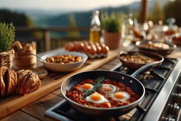 Freshly cooked breakfast spread on a sunny terrace with scenic views and homemade dishes
