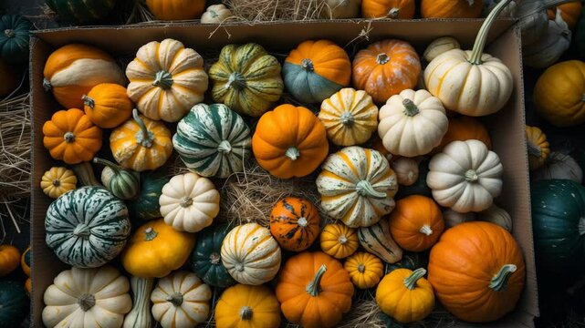 Small pumpkins resting in a wooden box, vegetable setting. Various forms of organic pumpkins.