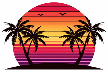 tropical beach with palm trees vector illustration, retro sunset beach palm trees 