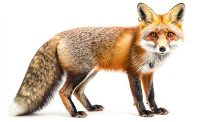 Obraz premium Curious Red Fox Standing Upright on Grassy Forest Floor with Autumn Foliage Facing with Intriguing Gaze Against Clean White Background