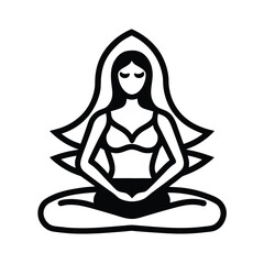 Black and white vector illustration of a meditating woman in lotus pose symbolising wellness and spirituality.
