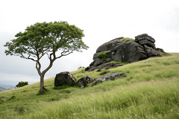 Verdant hillside landscape featuring a lone tree and large boulders under overcast sky