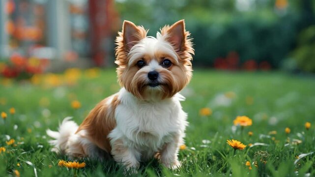 Delightful cream and brown morkie resting on the grass, head cocked and inquisitive, looking for guidance