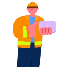 male civil engineer wearing safety vest and hard hat using tablet on construction site project planning and digital inspection concept, flat vector illustration