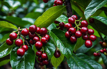 Clusters of Ripe Coffee Cherries on Glossy Plant