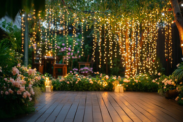 Romantic Garden At Night With String Lights And Flowers