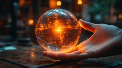 Fototapeta premium Glowing crystal ball in hand, mystical scene.