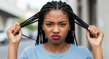 Frustrated woman pulling her hair in an urban setting with blurred background