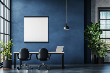 Modern office interior design minimalist workspace blue wall blank presentation board laptop chairs plants