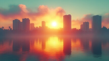 Fototapeta premium City skyline at sunrise over a lake