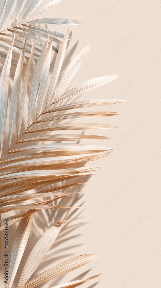 Poster soft beige serves as a calming backdrop for a palm leaf, showcasing organic shapes and shadows. this