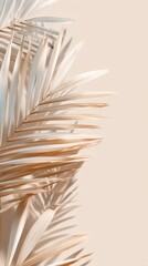 Soft beige serves as a calming backdrop for a palm leaf, showcasing organic shapes and shadows. This minimalist design enhances a peaceful ambiance perfect for relaxation