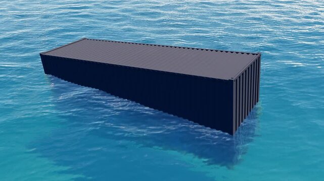 Shipment transportation accident in sea port background. Metal cargo container floating in water, looped. Ship accident transportation with crate in sea background. Sinking box or refrigerator with.	