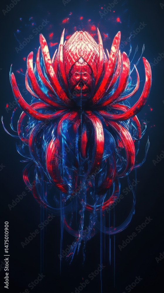 Fototapete abstract organic structure in red and blue tones digital art close up view with dark background