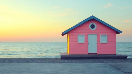Pink beach house at sunset.