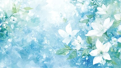 Delicate white blossoms on light blue background, with soft watercolor effect and subtle details of leaves and branches.  Soft light illuminates the flowers