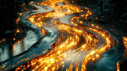 Burning River Winding Through Dark Forest