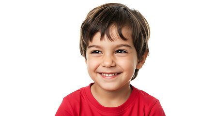Portrait of a happy little boy smiling with brown hair and eyes in a red shirt on white background