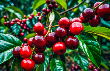Fototapeta premium Shiny Red Coffee Cherries on Dewy Plant