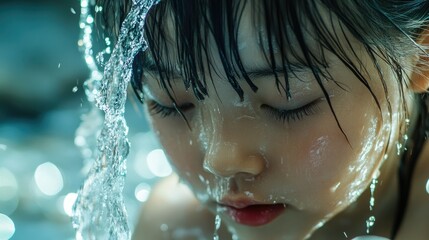 A young girl with dark hair is drinking from a garden hose, with water flowing out in a steady stream.