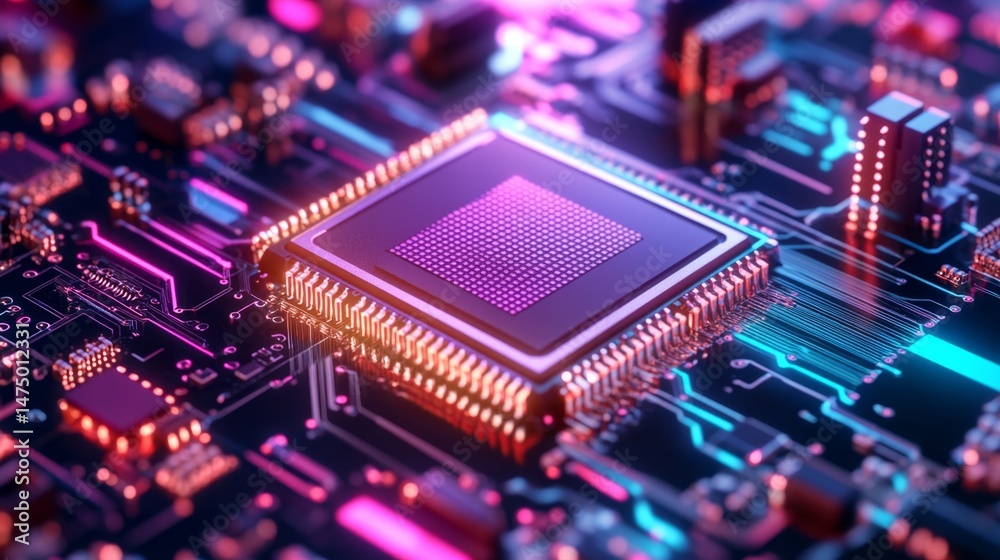 Poster exploring advanced microchip technology tech lab digital art futuristic environment close-up view in