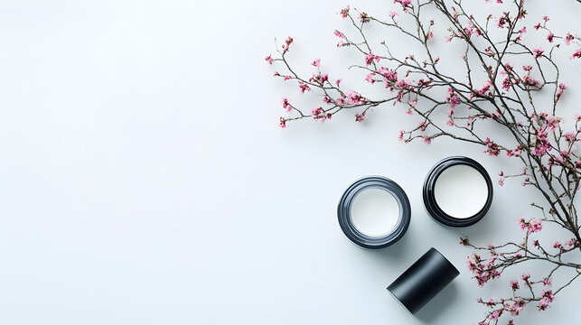 frascos con pomadas cosmeticas para el cuidado de la piel junto a unas ramas de flores peque&ntilde;as decorativas sobre un fondo liso con espacio de copia 