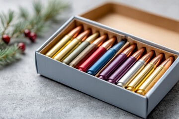 Fototapeta premium Colorful bullets in a decorative box arranged on a stone surface with holiday greenery nearby