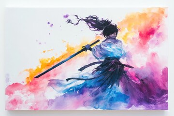 A dynamic warrior, depicted in motion with a katana,  surrounded by vibrant watercolor splashes